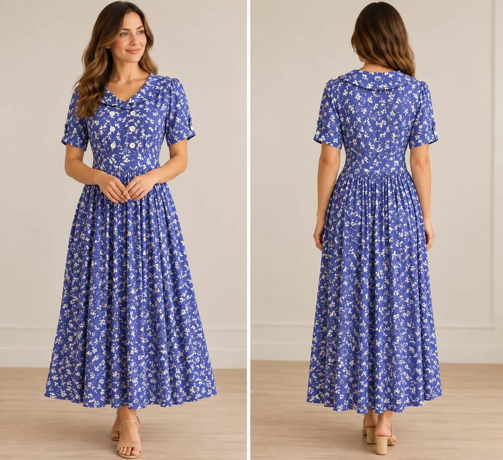Vintage Eileen West Dress 12 Purple Floral Pleated Midi Made USA 80s Cottagecore